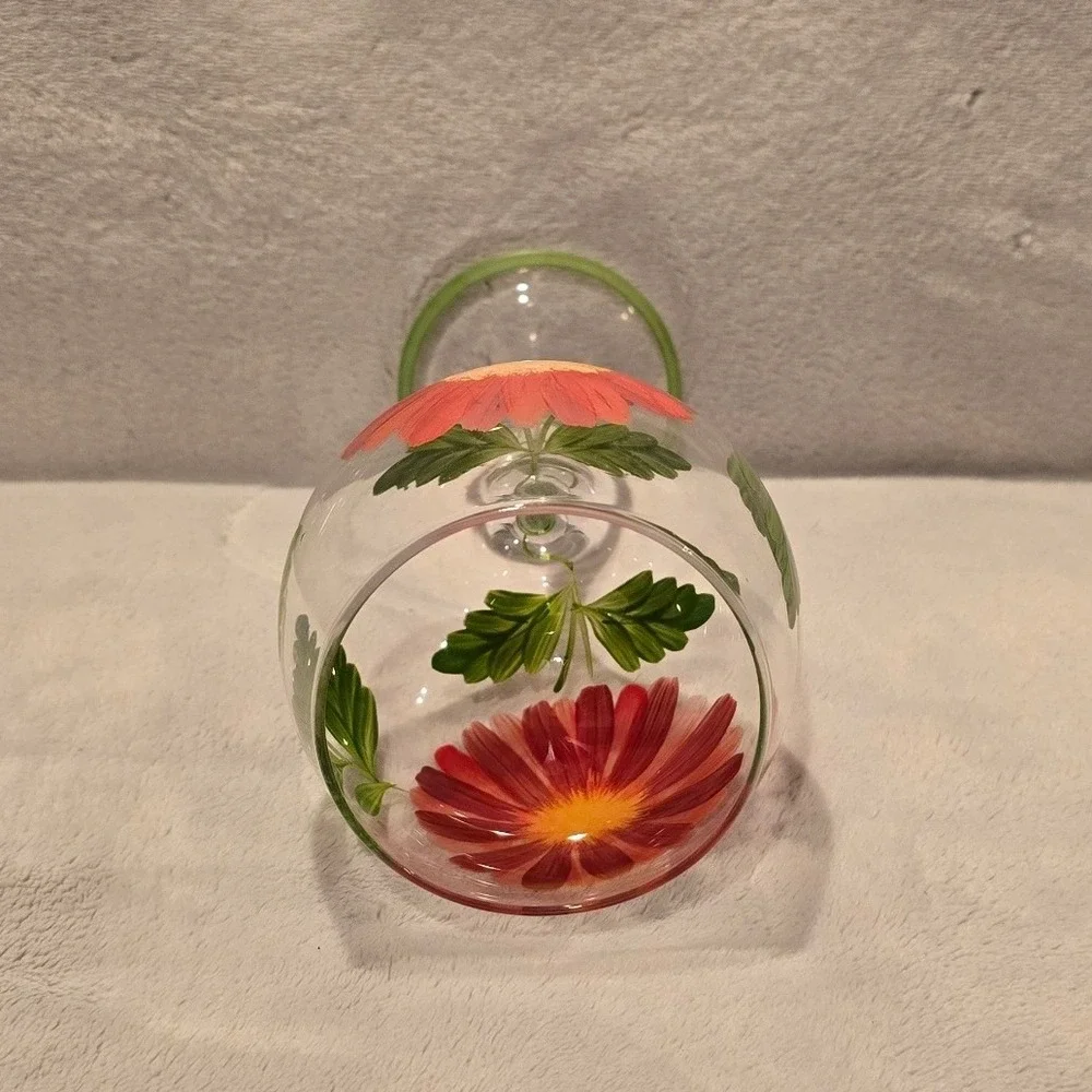 Hand Painted Floral Wine Glass Red Daisy Gerbera Flower Green Spiral Stem‎